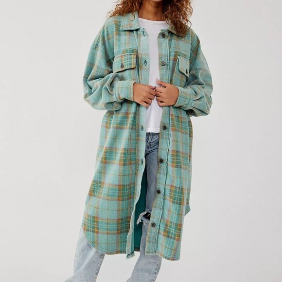 Free People Plaid Long Ruby Jacket Women's M Oversized Sage Combo EUC - Picture 1 of 8